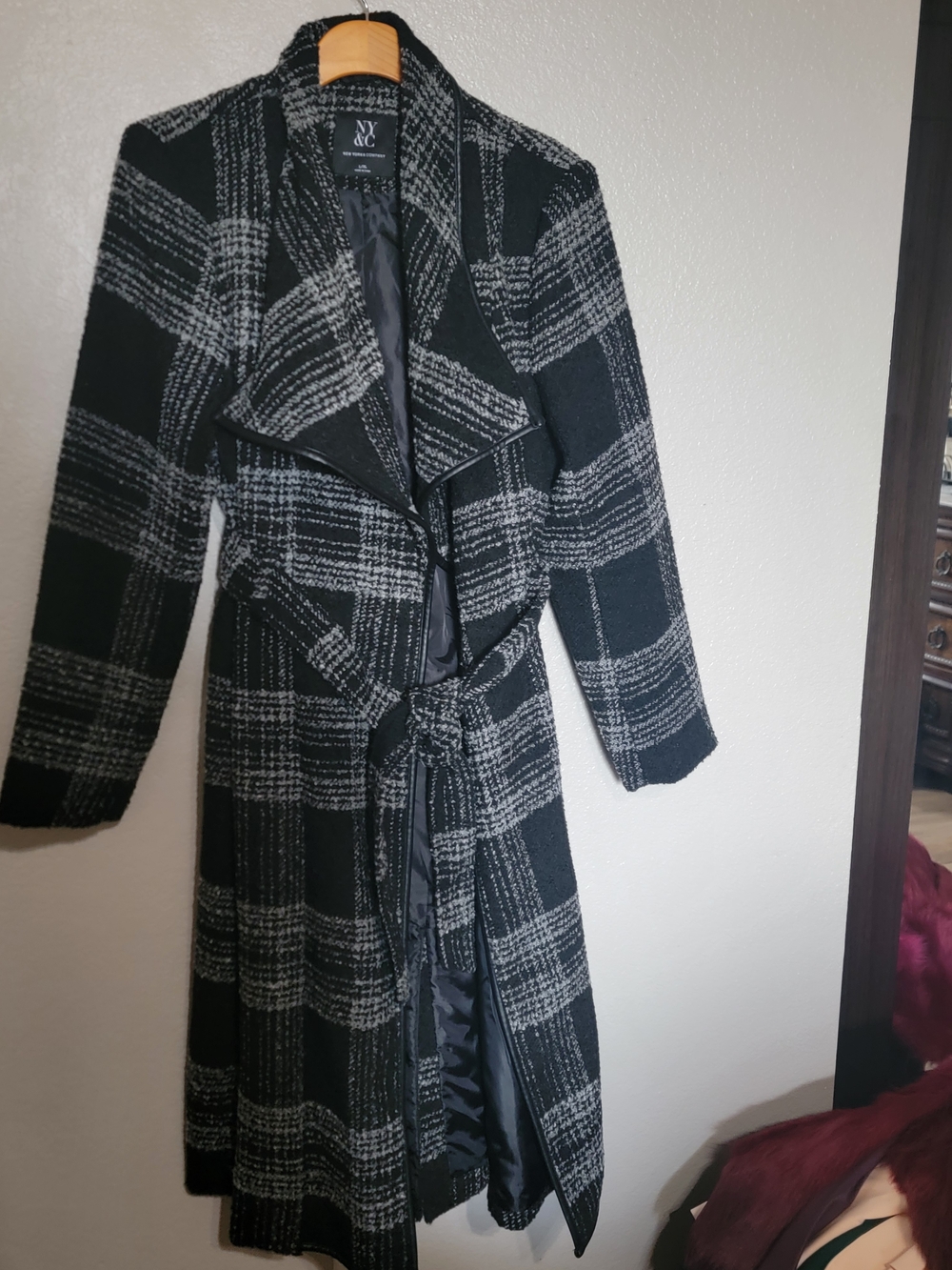 New York & Company Black and Gray Plaid Coat with Belt